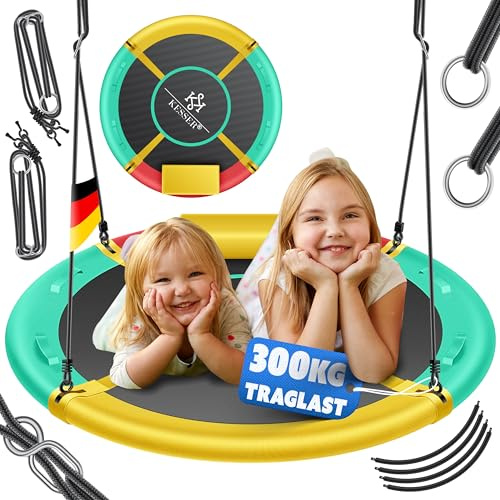 KESSER® Nestschaukel Tellerschaukel Hängeschaukel Rundschaukel Ø 100cm Schaukel bis 300kg belastbar mit Kissen & 4 Griffen verstellbar Kinderschaukel Indoor & Outdoor für Kinder & Erwachsene Tropical