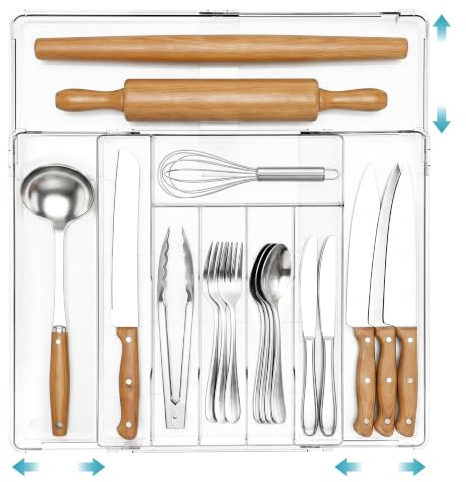 Vtopmart Besteckkasten für Schubladen, Ausziehbarer Besteckeinsatz 9 Fächer | Küchen Schubladen Organizer, 9 Fächer mit Messerfach & Etiketten, Ausziehbarer Schrank Organiser 36.5 x 29-46.4 x 49.2 cm