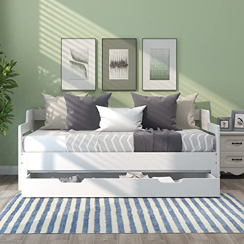I0I&I0I Wooden Daybed with Trundle and Drawer, Cabin Bed, Solid Guest Bed&Sofa Bed, Pull out Trundle and Storage Drawer for Living Room and Bedroom - Single (3') 90 x190 cm (White)