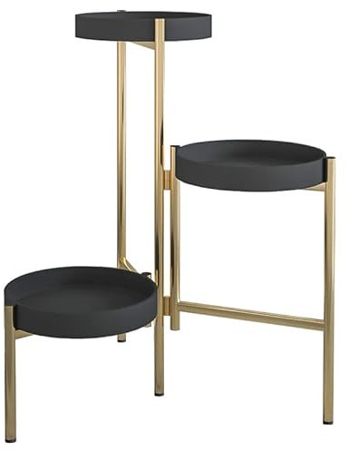R-K 3 Tier/Layers Metal Plant Stand with Three Round Trays, Foldable Plant Holder for Indoor, living Room, Receptions, Hotels, Exhibitions or any decoration (Black + Gold), 40*40*60 CM