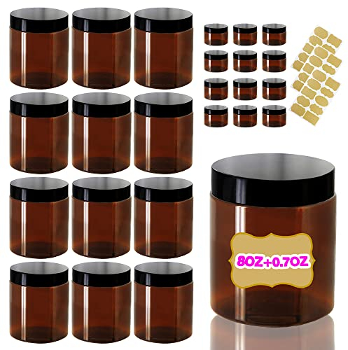 DupakSYS 8oz 250ml Amber Plastic Jars with Lids 8oz + 20g Sample Pots (Set of 24) Airtight Storage Jars for Kitchen, Spice, Cream, Cosmetic, DIY Crafts, Slime + Free Labels & Spatulas