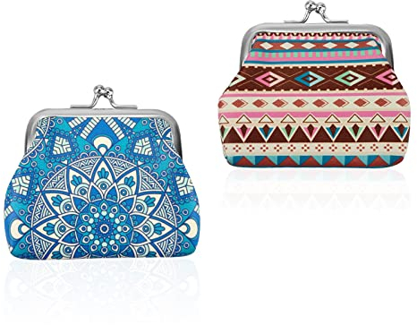 FuninCrea 2 Pièces Porte-Monnaie avec Serrure à Baiser, Porte-Monnaie en Cuir PU pour Femme, Mini Porte-Monnaie Style Bohème, Porte-Monnaie à Double Fermoir (Style 2)
