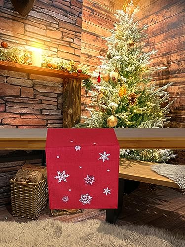 KAMACA Tischläufer 40x150 cm mit filigraner Stickerei Küche Esstisch Tisch Dekoration Eyecatcher in Herbst Winter Weihnachten (Schneeflocken rot 40x150)