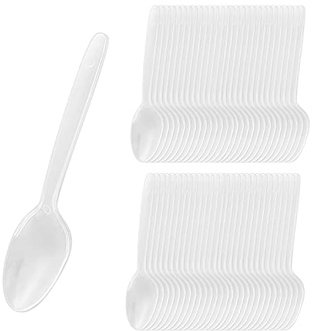 Cuillère à gâteau de 100 pièces, cuillère en plastique, cuillère à longue poignée; Pour desserts, gâteaux, fruits, salades, ustensiles de fête réutilisables (transparents)