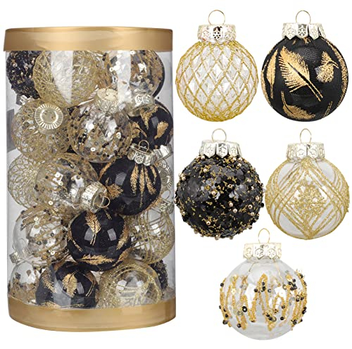PRETYZOOM 25 Stücke Weihnachtskugeln Glitzer Christbaumkugeln Schwarz Gold Weihnachtsbaum Kugeln Kunststoff Christbaumschmuck Weihnachtsbaum Anhänger für DIY Weihnachten Party Urlaub Dekoration