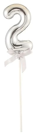 PARTY DISCOUNT NEU Kuchen/Cake-Topper Mini Ziffer am Stab, 9 cm, Zahl 2, Silber, Stab ca. 15cm