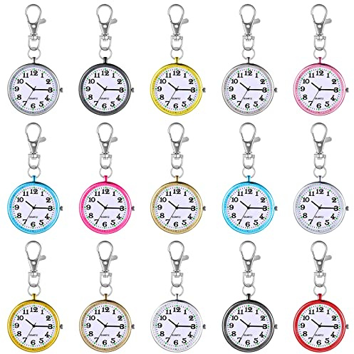 Outus 15 Pieces Quartz Nurse Pocket Watch Round Doctor Brooch with Key Buckle Hanging Nurse Watch Clip on Doctors(Multicolour)