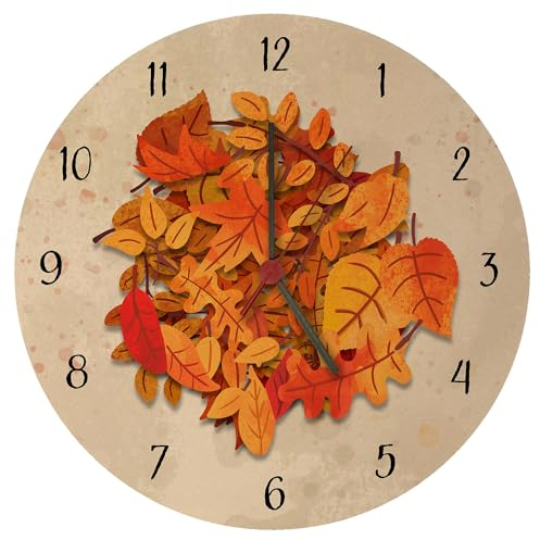 speecheese Herbstblätter Wanduhr Schöne Uhr mit Blätterhaufen Cosy hyggelig Herbst Deko Dekoration schön Illustration gemalt Farbspritzer Kinder