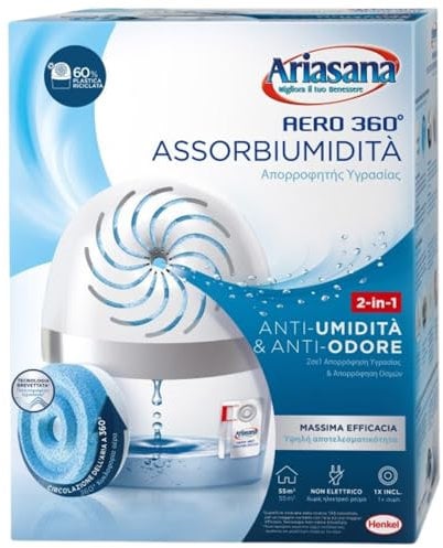 Kit Assorbiumidità in Plastica Riciclata Ariasana Aero 360°, Deumidificatore non Elettrico e Riciclabile, Assorbi Umidità contro Condensa e Muffa, 1 Dispositivo e 1 Ricarica TAB da 450g