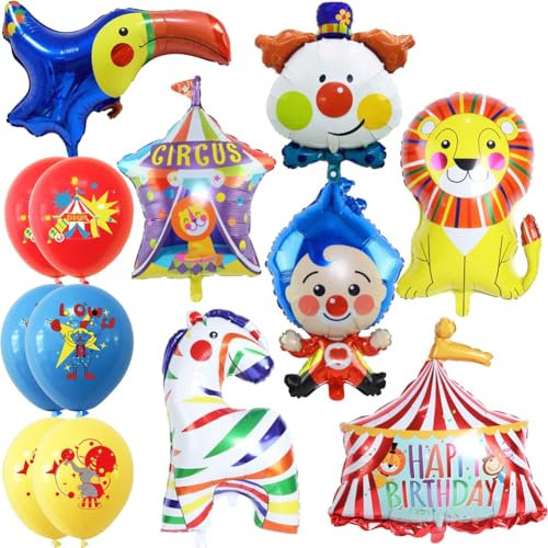 Zirkus Tiere Folienballon,Geburtstagsdeko Zirkus,Clown Ballon, Karneval Zirkus Party Dekoration mit Folienballon, Zirkus Cake Topper für Mädchen Jungen Geburtstag,13PCS