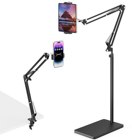 Tablet Bodenständer mit 5KG Schwerer Basis & Tischklemme, Höhenverstellbarer Ausziehbarer Arm, Kompatibel mit iPhone, iPad Pro/Air/Mini, Galaxy Tab, Kindle, Mobiltelefone (4,5–13 Zoll)