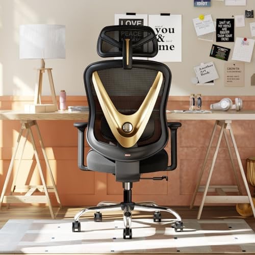 HOLLUDLE Sedia da ufficio ergonomica con supporto lombare 3D e braccioli 3D regolabili – Design a forma di V, sedia da scrivania confortevole per ufficio e casa, Nero e Oro