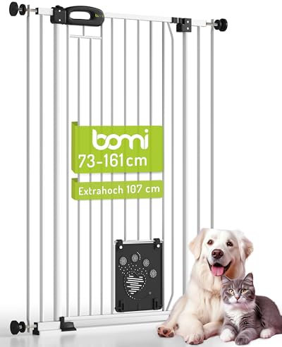 BOMI Tierschutzgitter Merle| Treppenschutzgitter ohne Bohren| Ideal als Absperrgitter Hund, Katzengitter Tür & Welpenzaun | Extra Enge Stäbe | Hundegitter Wohnung weiß Metall | Breite: 153-161 cm
