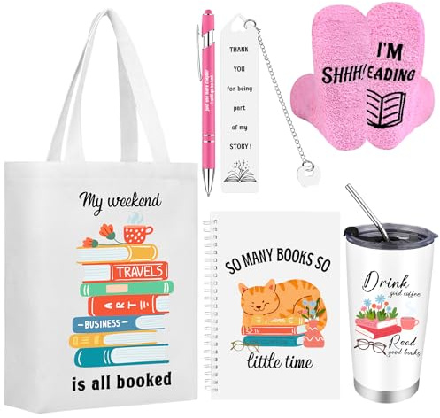 ULELE Set Regali per Amanti dei Libri 6 Pezzi, Set Regalo per Lettori, Accessori per Libri con Borsa in Tela, Borraccia 20oz, Calzini, Segnalibro, Quaderno, Penna a Sfera, Regalo a Tema Libri per