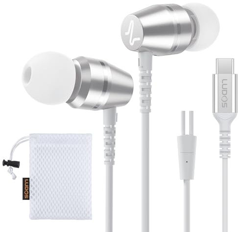 Ludos OMNITONE Auriculares USB C con Micrófono, Garantía de 5 años, Auriculares Tipo C con Cable para iPhone 16 15 Pro MAX Plus Samsung Galaxy S24 S23 S22 Ultra S21 FE S20 A53 A54, iPad Pro - Blanco