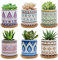 FORAGIFT Lot de 6 pots de fleurs succulentes de 7,5 cm en céramique à motif coloré pour plantes grasses d'intérieur et d'extérieur avec plateau en bambou, idéal pour la décoration de la maison et du