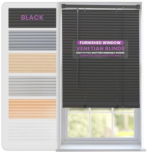 FURNISHED Venetian Blinds Window Venetian Blind Easy Fit PVC Shutters Trimmable Shades for Home Kitchen Windows Treatment Shutters 25mm Slats Complete Child Safe Fittings - Black 180W x 210L cm
