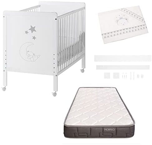 Indi CoolDreams CoolDreams CoolDreams Babybett, Matratze HR Morpheo zertifiziert, Oeko-Tex® und CertiPUR, 4 Rollen, Spannbettlaken und Bettlaken, aus natürlicher Baumwolle