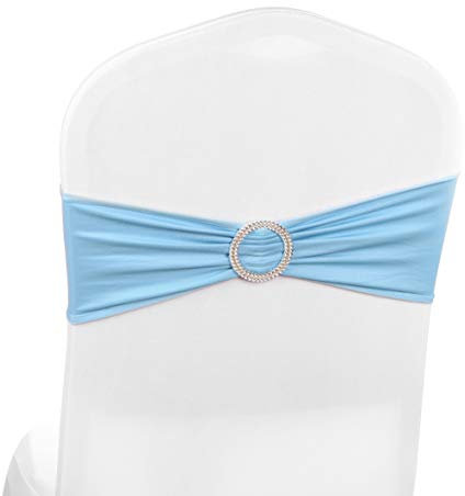 Elastic Stretch Spandex Chair Covers Sashes Bands With Buckle Bows For Wedding Home Party Suppliers Decorations (Baby Blue, 50PCS)