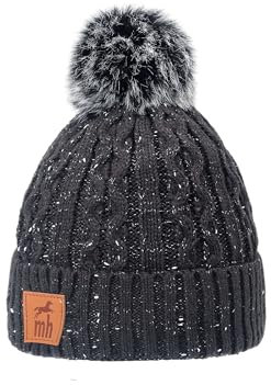 mh michael heinen Damen Strickmütze, Beanie, Fleece Fütterung, mit Bommel, wasserabweisend, dehnbar, angenehm schwarz OS