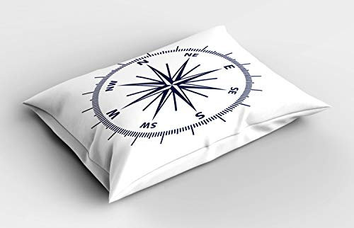 ABAKUHAUS maritim Kissenbezug, Monochromatische Windrose Kunst, Dekorativer Standard King Size Gedruckter Kissenbezug, 80 x 40 cm, Marineblau Weiß
