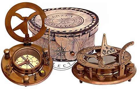 Hanzla Collection Sonnenuhr-Kompass aus antikem Messing mit Ledergehäuse – Kupferzifferblatt Gilbert Sonnenuhr Camping/Wandern Steampunk-Zubehör