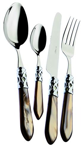BUGATTI, Aladdin, Set Posate 4 Pezzi in Acciaio Inox 18/10, Ghiera Cromata e Manico Colore ONICE Effetto Madreperla. Set 1 Persona Composto da Cucchiaio, Forchetta, Coltello e Cucchiaino caffè