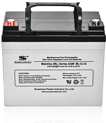 Sunstone AGM Batterie 12V 33AH Zyklenfest Wartungsfrei Bleiakku für USV Notstrom, Solaranlagen und Beleuchtung, VRLA Versorgungsbatterie für Haushaltsgeräte, Gewerbe und Outdoor-Einsatz