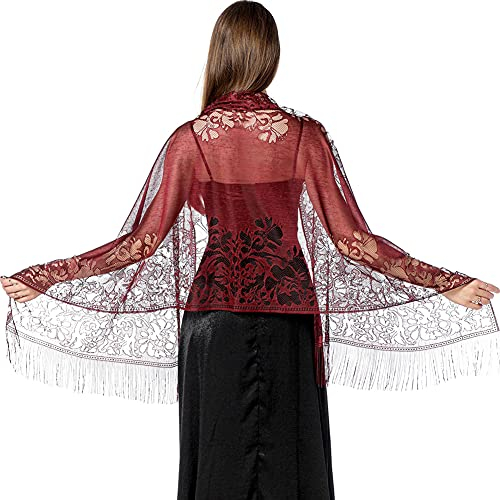 Ladiery Damen Blumen Umschlagtuch Umhang Schal Spitzenschal Schal mit Quasten, weiches Netz Fransen Wraps für Hochzeit, Party