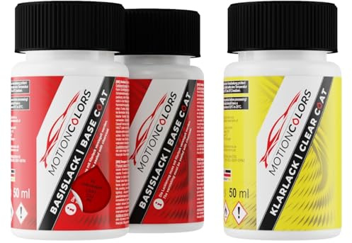 MOTIONCOLORS Kings Red Metallic LC3J / C3J / P8 für Volkswagen/VW Autolack Lackstift Set Grundlack Basislack Klarlack je 50ml
