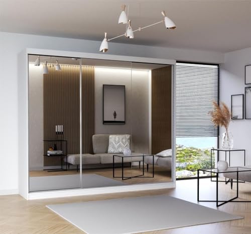 IE INTERIOR EMPORIUM Modern Milan Double Mirror Sliding Door Wardrobe in 6 Sizes& 4 colors (250cm, White)