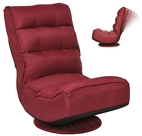 RELAX4LIFE Bodenstuhl mit 360° drehbarem Sockel, Bodensessel mit 5 winkelverstellbarer Rückenlehne 90°-135°, klappbarer Relaxsessel, bis 120 kg belastbar, Lazy Sofa für Wohnzimmer und Büro (Rot)