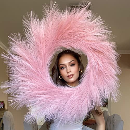 VOULUX Large Fluffy Artificial Faux Pampas Grass Wreath 27 Pink - Feather Boho Indoor Farmhouse Wall Decor With Baby Sea Grass and Wheat for Front Door
