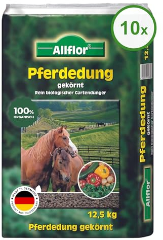Allflor Pferdedung gekörnt 10 x 12,5 kg im Beutel - Pferdemist als Dünger - rein biologisch-organischer Universaldünger - Pferdedünger - Für alle Garten-, Obst- & Gemüsepflanzenn