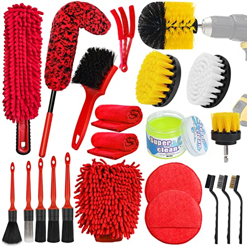 Yumzeco 22PCS Kit Nettoyage Voiture,Brosse Jante Voiture Microfibre,Pinceau Detailing Auto,Kit Brosse Nettoyage Voiture Interieur Exterieur,Plumeau Poussiere Voiture Brosse Tapis Voiture Gel Nettoyant