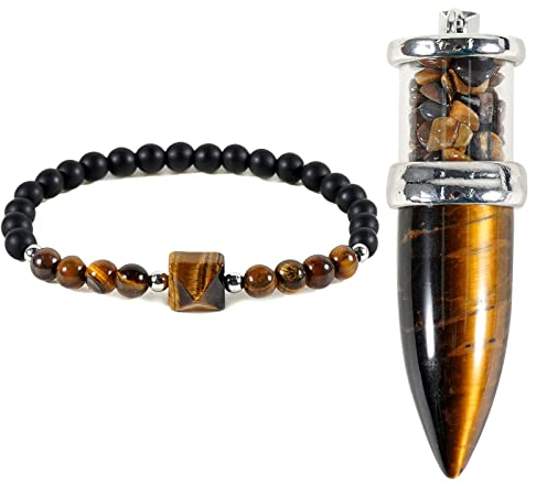 soulnioi Natural Crystal Bullet Head Crushed Stone Necklace Pendant Wishing Bottle and Faceted Pyramid Pendant Crystal 6mm Bead Bracelet, Spiritual Healing Gifts for Friends (Tiger Eye)