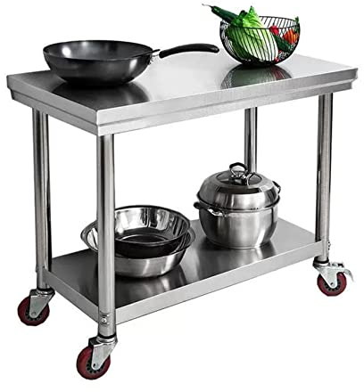 OYhmc Lebensmittelzubereitungs-Edelstahl-Tisch, Metall-Tischwagen, gewerbliche Werkbank mit Lenkrollen für Restaurant, Lager, Zuhause, Küche, Garage