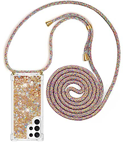 YuhooTech Handykette Hülle Kompatibel mit Samsung Galaxy S23 Ultra Handyhülle - Quicksand Glitzer Hülle mit Band - Silikon Handyhülle mit Kordel Umhängenband - Schnur mit Treibsand Case zum Umhängen