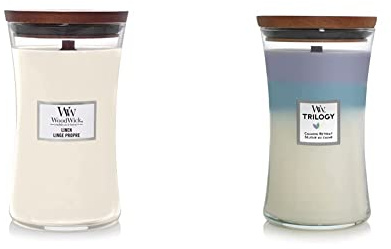 Woodwick Large Hourglass Scented Candle | Linen Linen & Large Hourglass Trilogy Scented Candle | Calming Retreat | with Crackling Wick | Burn Time: Up to 130 Hours Glass, Calming Retreat