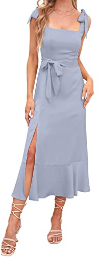 Abendkleider Elegant für Hochzeit Damen Sommer Sexy Spaghetti Kleid mit Schlitz Sommerkleid Hochzeitsgäste Festliche Hochzeitskleid Cocktailkleid Partykleid Abschlusskleid Lang Ballkleider Blau L