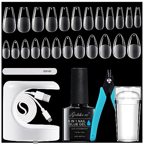 Gelike ec Nail Tips and Glue Gel Kit - Nail Extension Set Mini Nagellampe und 6 in 1Nagelkleber 240pcs Soft Gel Full Cover Nageltips French Tip Nagelstempel Nagelknipser-Medium Almond&Ballerina