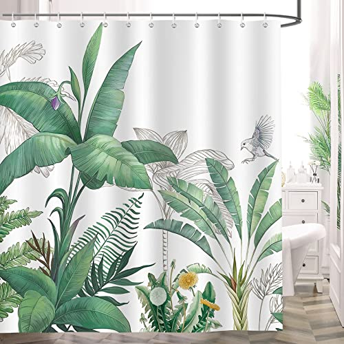 Bonhause Rideau de Douche Feuille de Bananier Vert - Plantes Tropicales, Tissu Polyester Anti-Moisissure Imperméable Lavable pour Salle de Bain - 180 x 180 cm avec 12 Crochets