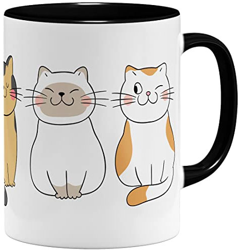 OM3® süße Tasse mit Katzenmotiv Katze Cat Kitten Doodle | Keramik Becher | 11oz 325ml | Beidseitig Bedruckt | Schwarz