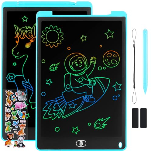 Damcyer 2 PCS Tableta de Escritura LCD 12 Pulgadas,Tablero de Dibujo Electrónico con Pantalla Colorida,Cuaderno Borrable con Pegatinas de Animales, para Niños y Niñas de 3 4 5 6 Años,Azul + Azul