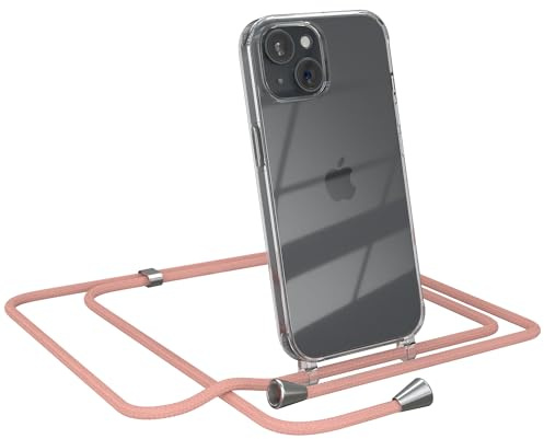 EAZY CASE Handykette kompatibel mit iPhone 15 Handyhülle mit Umhängeband, Handykordel mit Schutzhülle, Silikonhülle, Hülle mit Band, Stylische Kette für Smartphones, Alt Rosa - Clips Silber