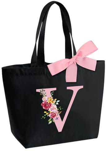 Personalisierte Initialen Tragetasche, Wasserdicht Handtasche Damen, Shopper Tasche Tote Bag mit Innentasche und Reißverschluss Weihnachten Geschenke für Frauen Mutter Freundin Braut Brautjungfern V