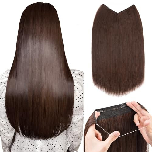 Silk-co Haarverlängerung mit Gummiband, Glatte Extensions mit Draht und Clips, Einstellbar Secrets Haarteil Synthetik Haar Extensions für Frauen 50cm Dunkelbraun mix Mittelbraun