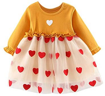 Kleinkind Baby Kinder Rüschen Tüll Patchwork Liebe Herz Druck Kleider Kleidung Cord Oberteil Damen (Yellow, 18-24 Months)