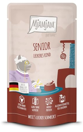 MjAMjAM - Premium Nassfutter für Katzen - Senior – Leckeres Rind, 1er Pack (1x125g), getreidefrei
