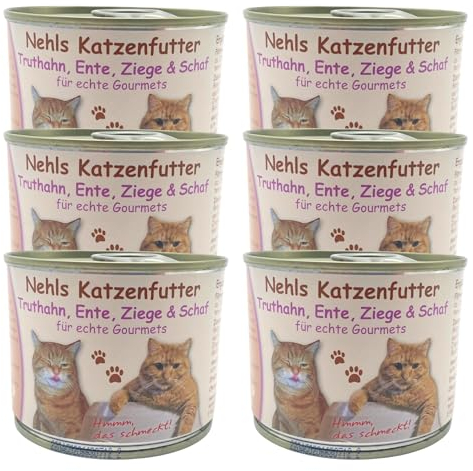 Tierheilkundezentrum Nehls Katzenfutter nass - Truthahn, Ente, Ziege & Schaf - Premium Qualität - mit regionalen Zutaten - ohne Zusatzstoffe und Getreide - Allergenfrei - (6 x 200g)